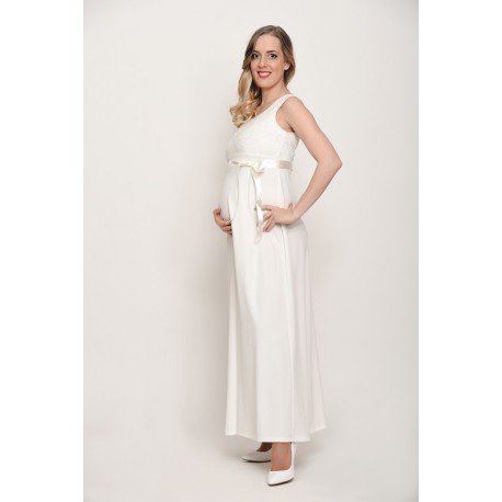 Dlhé tehotenské svadobné šaty bez rukávov - ecru