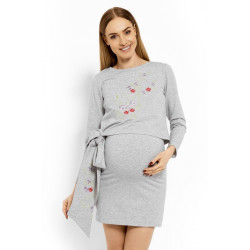 Elegantné tehotenské šaty, tunika s výšivkou a stuhou - jasno sivý /dojčiace/ - velkosť L/XL